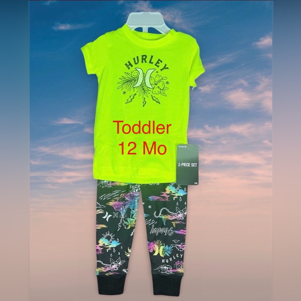 HURLEY 2-Pc Toddler Set 12-Mo Leggings Top Island Scene Palm Trees Waves NEW NWT